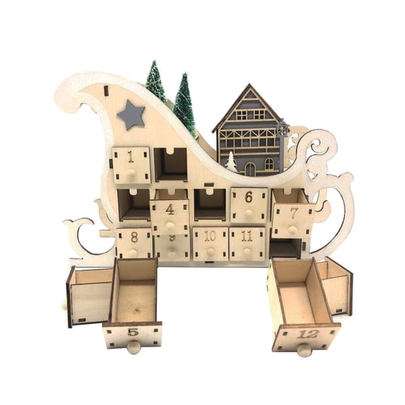 WORGEOUS 1Pc Sleigh Shaped Wooden Countdown Calendar Khaki Color For Christmas Themed Party 11.2X7.9In