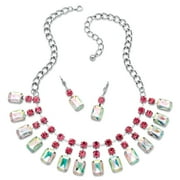 2 Piece Aurora Borealis and Pink Crystal Necklace and Earring Set in Silvertone