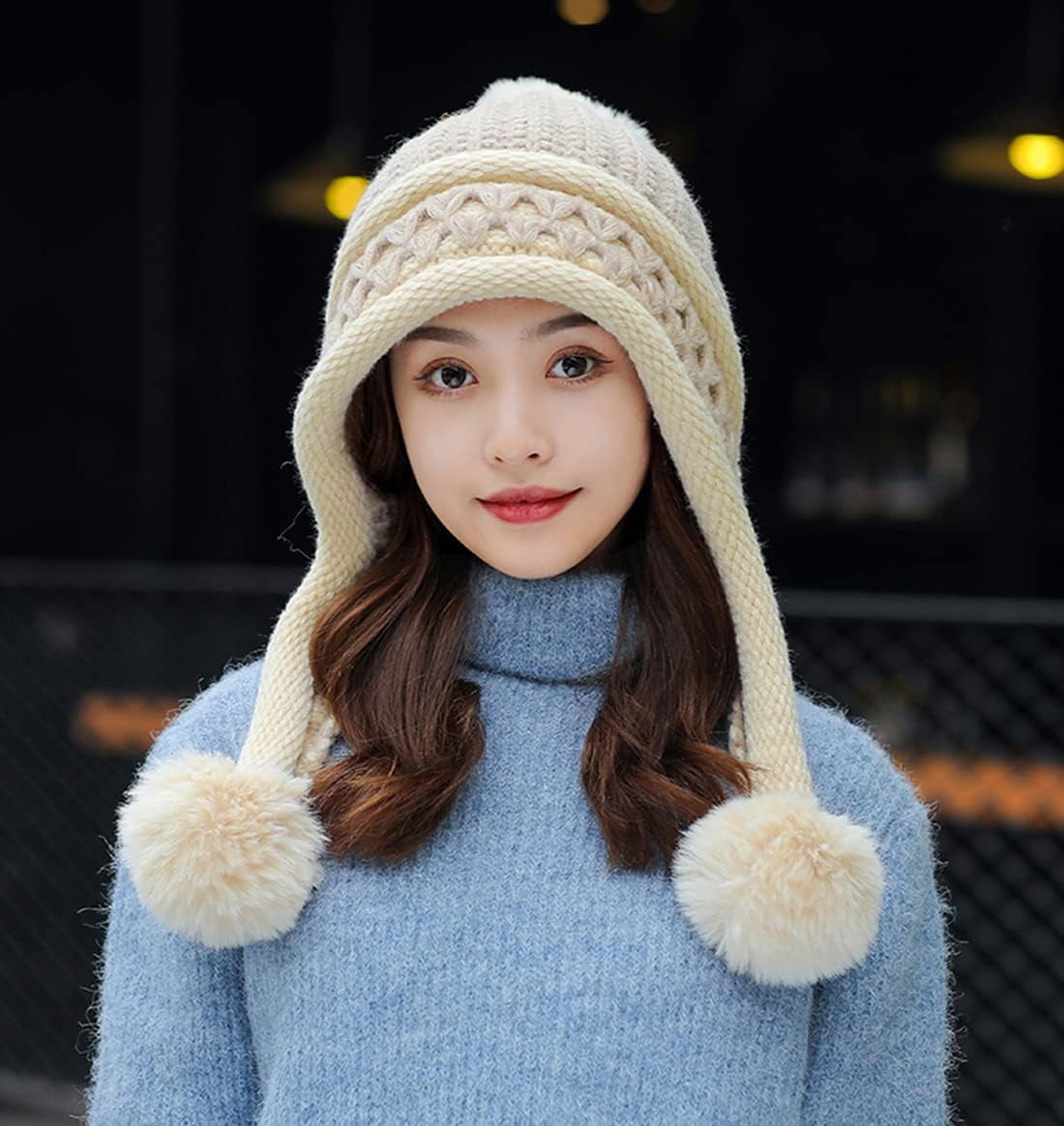 YooGuoGuo Women Winter Beanie Hat Earflap Peruvian Warm Slouchy Fleece Lined 3 Pom Poms Knit Sherpa Fluffy Soft Ski Hats