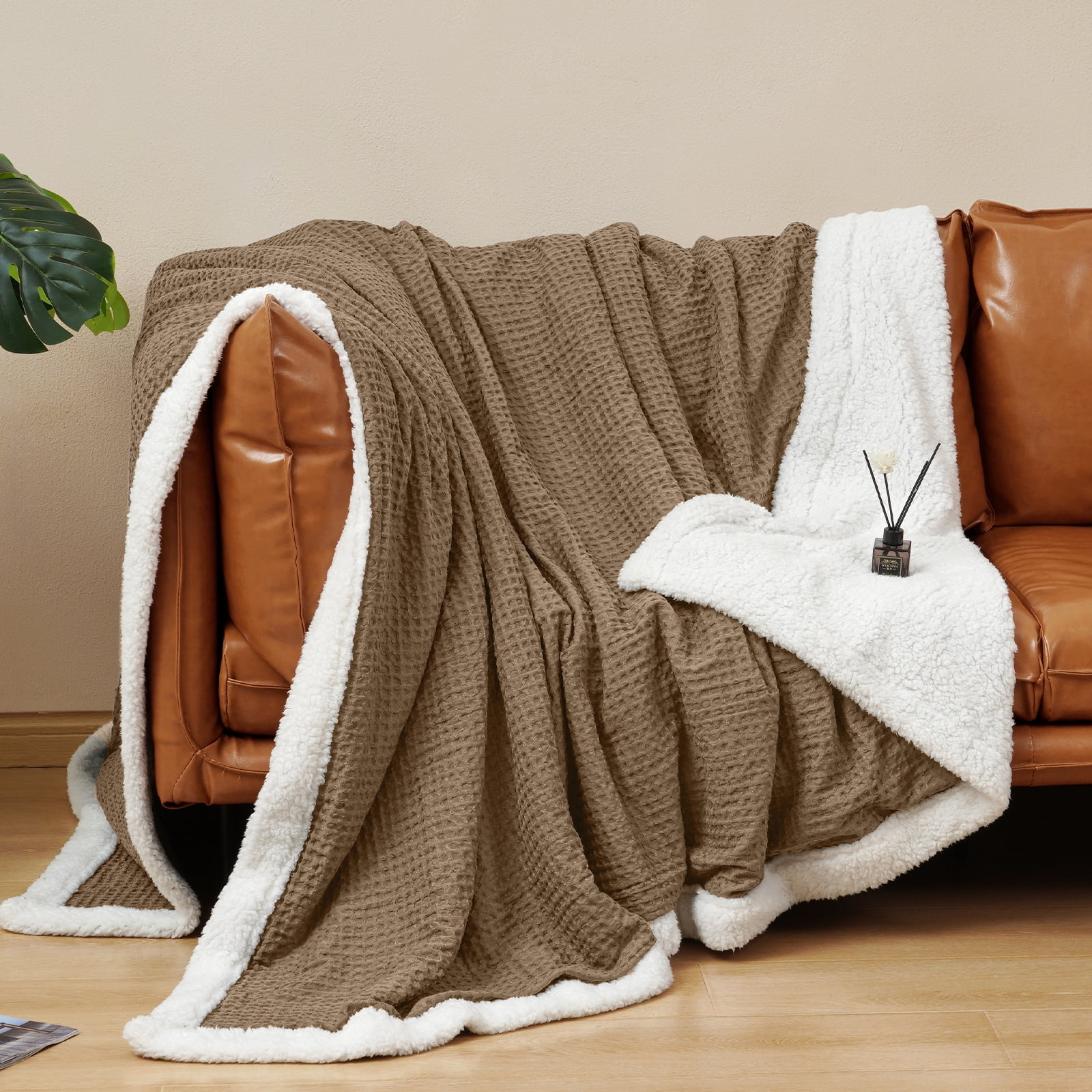 PHF Waffle Sherpa Bed Blanket King Size, Cozy Warm Reversible Plush Flannel Blanket for Winter, 104" x 90", Mocha