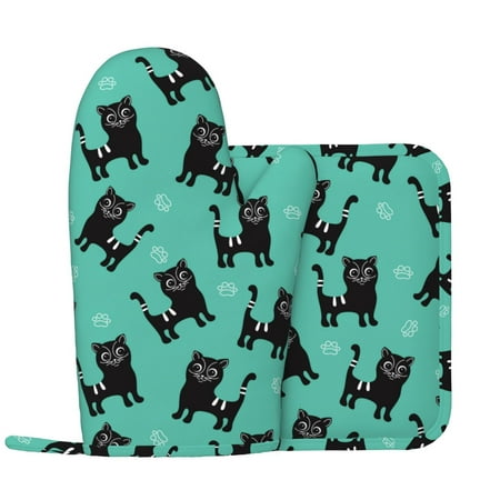 

Artsy Cute Cat Black Oven Mitts and Pot Holders Sets with 1 Non-Slip Left Silicone Oven Mitts and 1 Heatproof Insulated Hot Pads for Kitchen Use in Cooking Baking Grilling