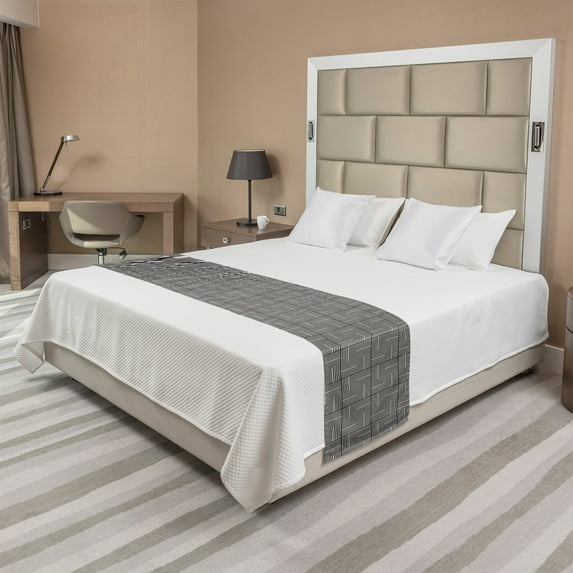 Abstract Bed Runner, Minimal Geometric Vertical and Horizontal Tiles Forming Square Frames, Decorative Accent Bedding Scarf for Hotels Homes and Guestrooms, King, Charcoal Grey Eggshell, by Ambesonne