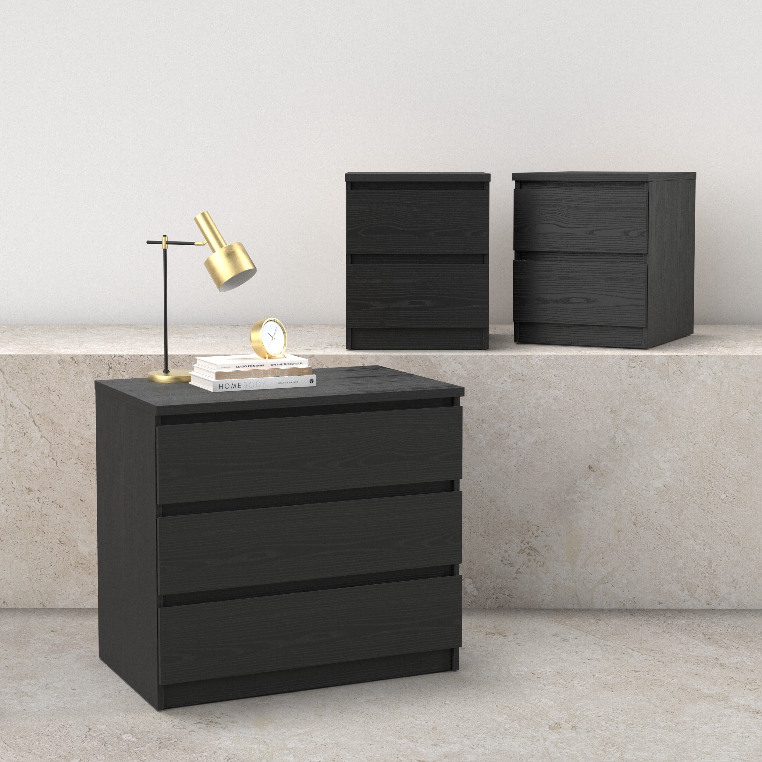 Tvilum Scottsdale 3-Piece Bedroom Set - Chest and Nightstand Set of 2, Black Woodgrain