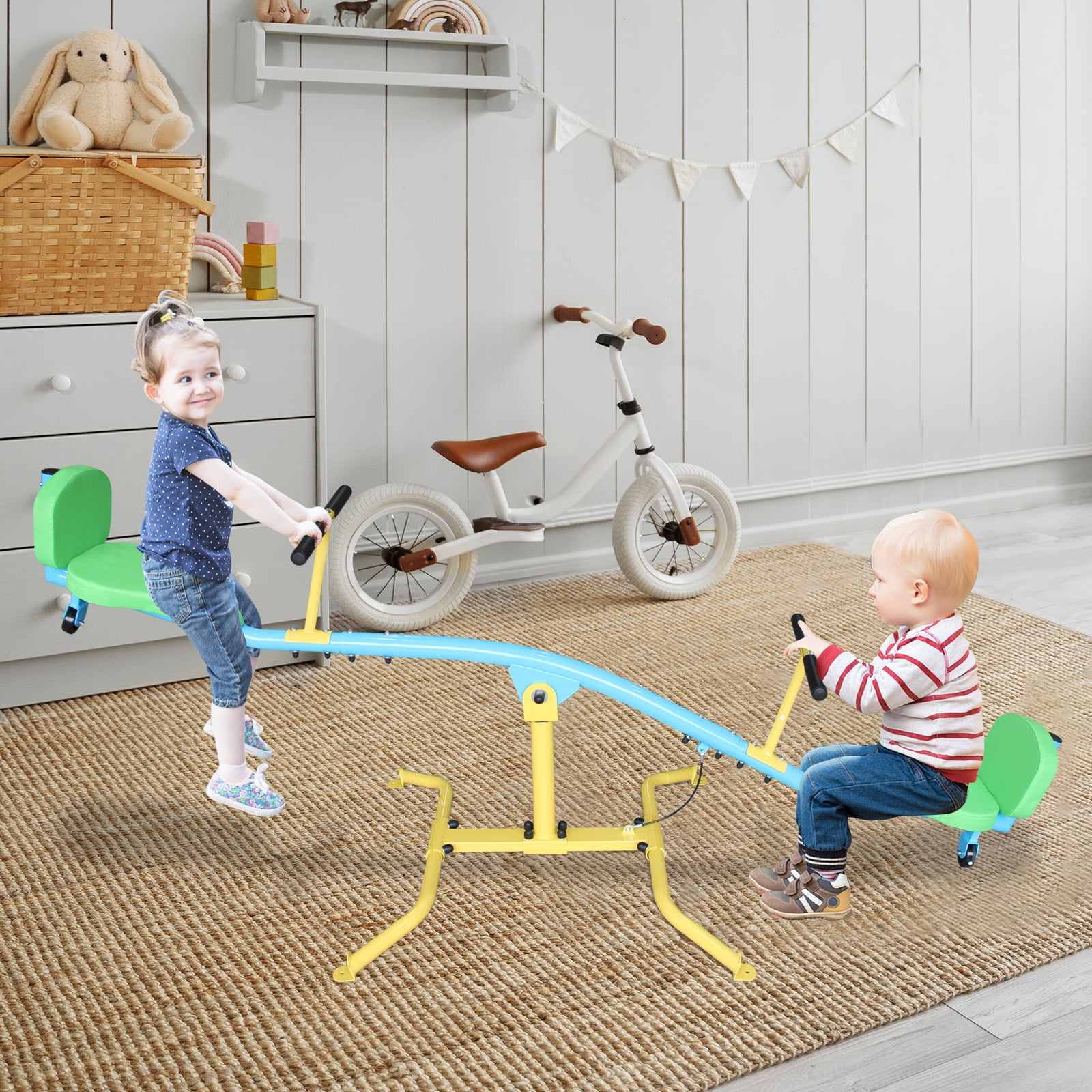 Children's Double 360° Rotating Seesaw with Backrest, Indoor Outdoor Playground Rocking Horse Toy for Kindergarten, Kids Ages 3+