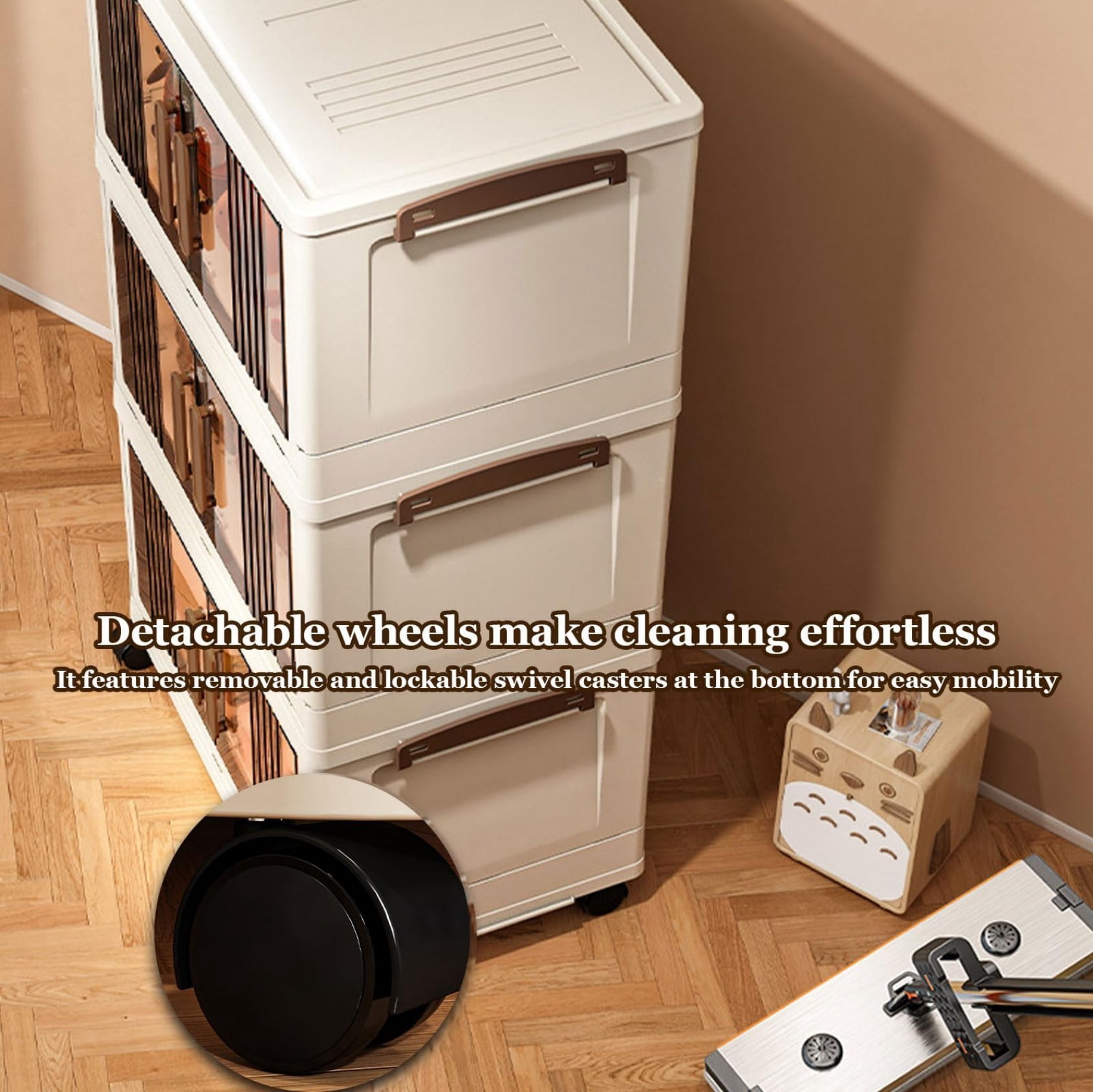 36"H Stackable Storage Cabinet with Doors & Wheels, Adjustable 4 Tier Plastic Organizer Bin for Home, Office, Garage Storage, White