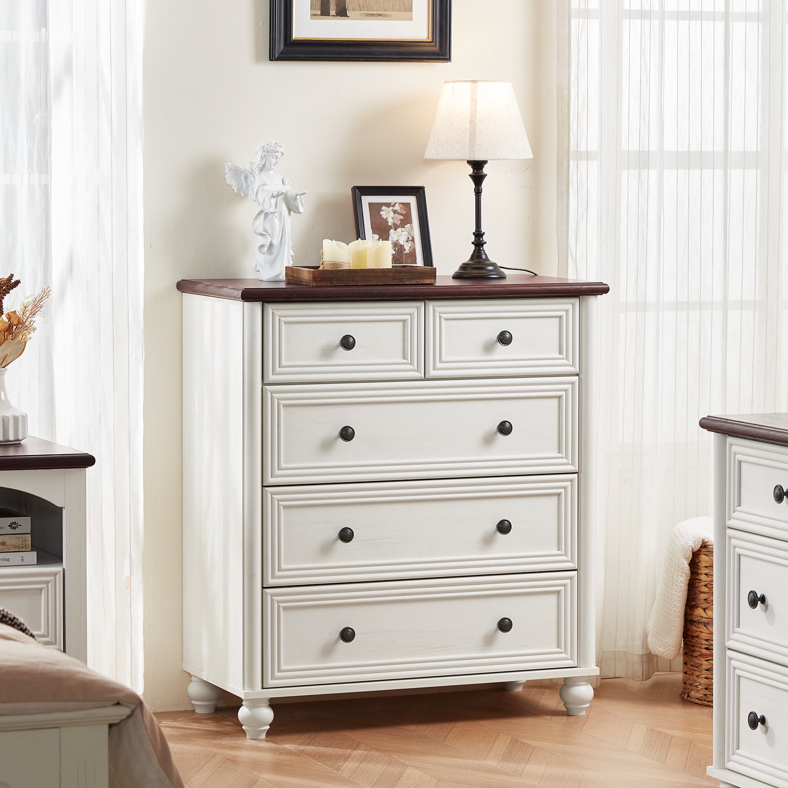 LELELINKY 5-Drawer Wood Dresser for Bedroom, Large Storage Cabinet, Classified Storage Organizer Chest for Living Room, Hallway, Brown & White