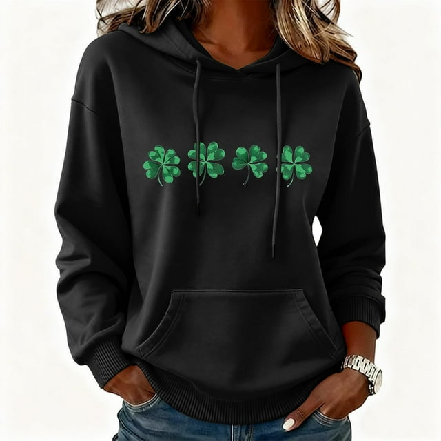 Uootdi Oversized St Patricks Day Hooded Sweatshirts for Women Irish Saint Pattys Shamrock Crewneck Long Sleeve Shirts Holiday Trendy Pullover Tops Gift