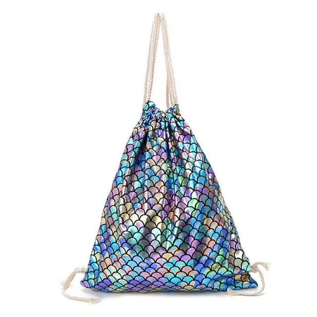 pitrice Drawstring Fish Scale Backpack for Ultra-light Casual Backpack Glitter Travel Bag
