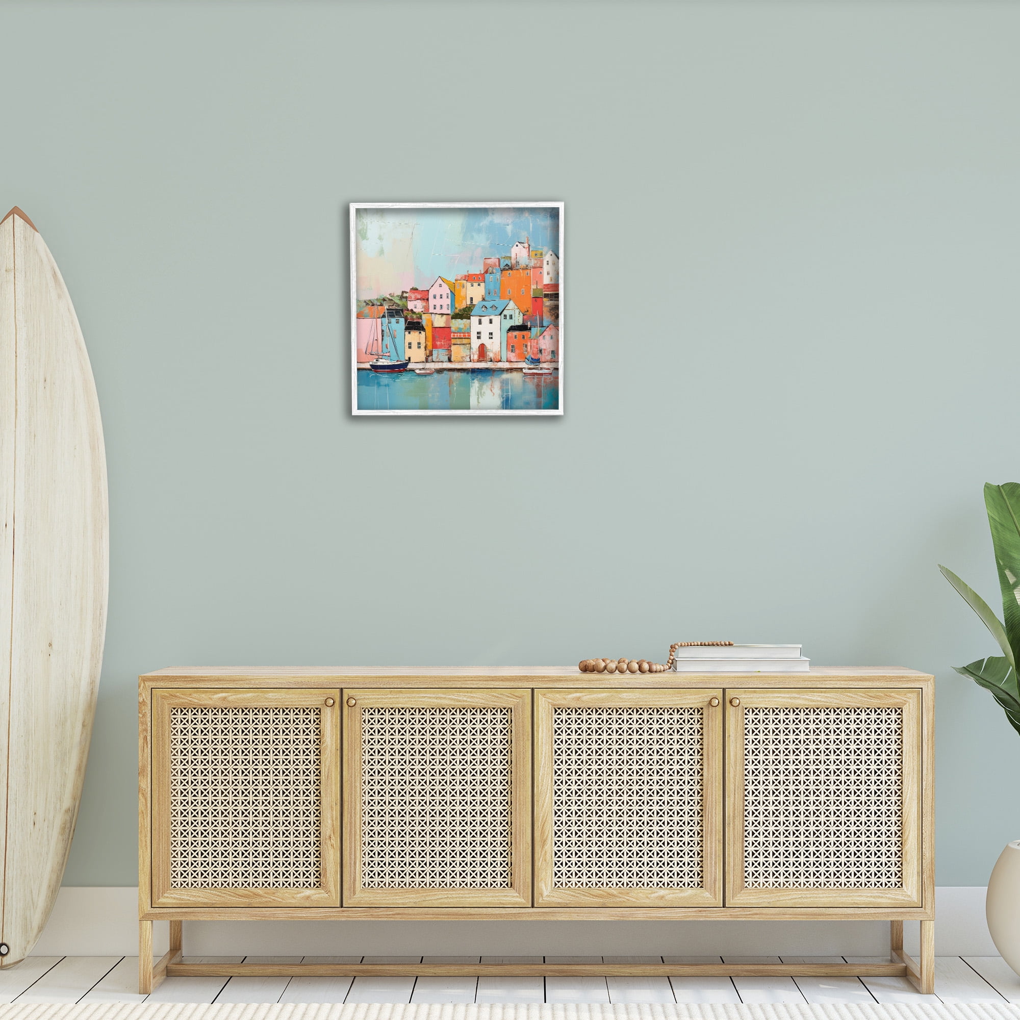 Stupell Industries Seaside Neighborhood Painting Transportation Painting White Framed Art Print Wall Art, 24 x 24