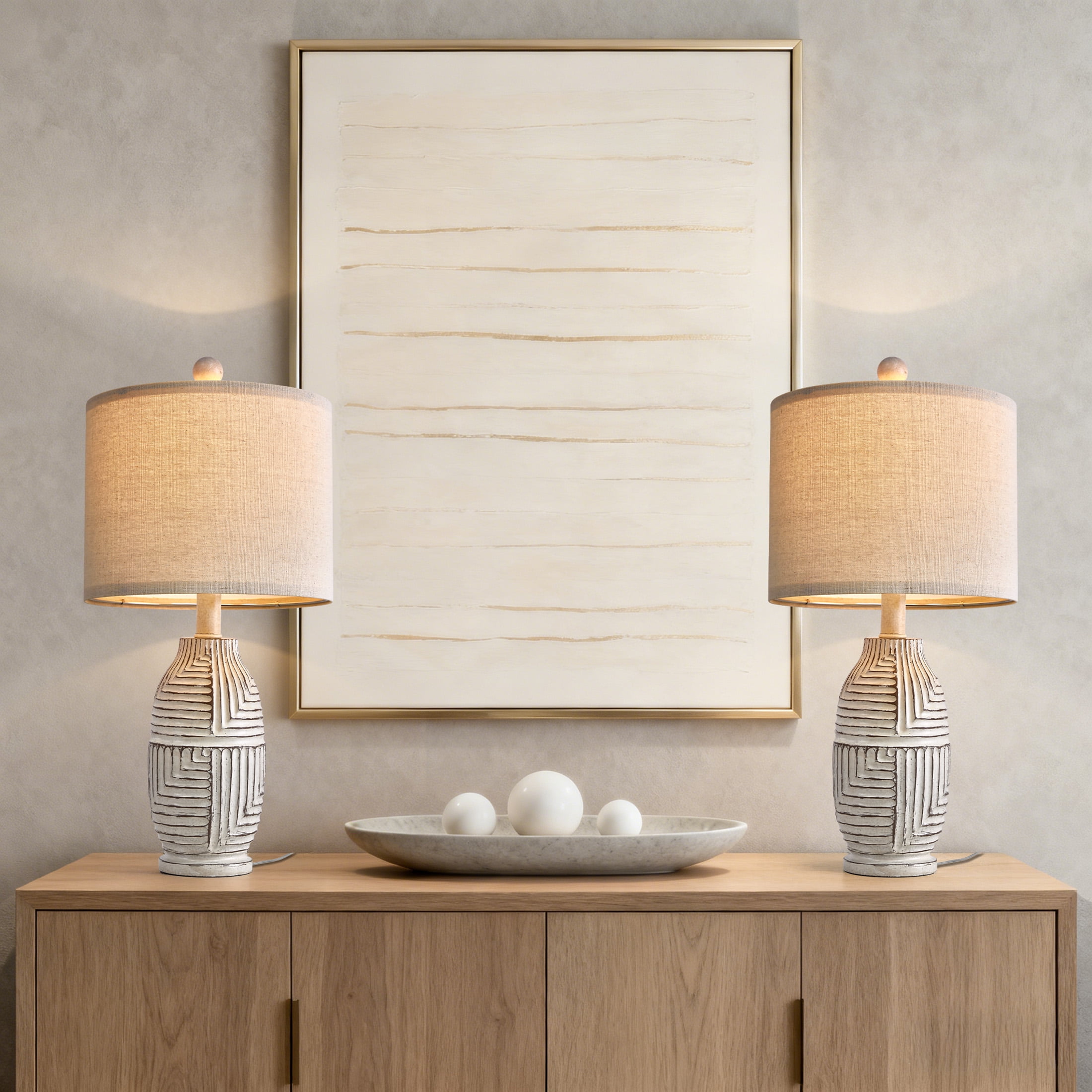 Oneach 20.25" Farmhouse Table Lamps Set of 2 for Living Room Bedroom Resin Bedside Nightstand Lamps with Beige Linen Drum Shade