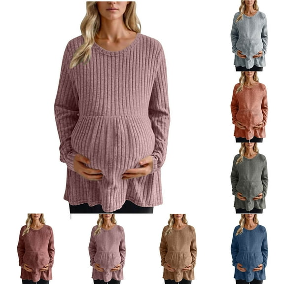 Fancifize Womens Ribbed Knit Maternity Tops Casual Long Sleeve Crew Neck Sweater Fall Pregnancy Clothes Lightweight Comfort Outfits