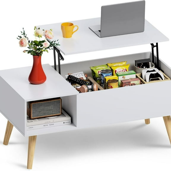 Coffee Table for Living Room, Lift Top Coffee Table with Storage, Small Rising Wooden Dining Center Table with Storage Shelf & Hidden Compartment, 39" White