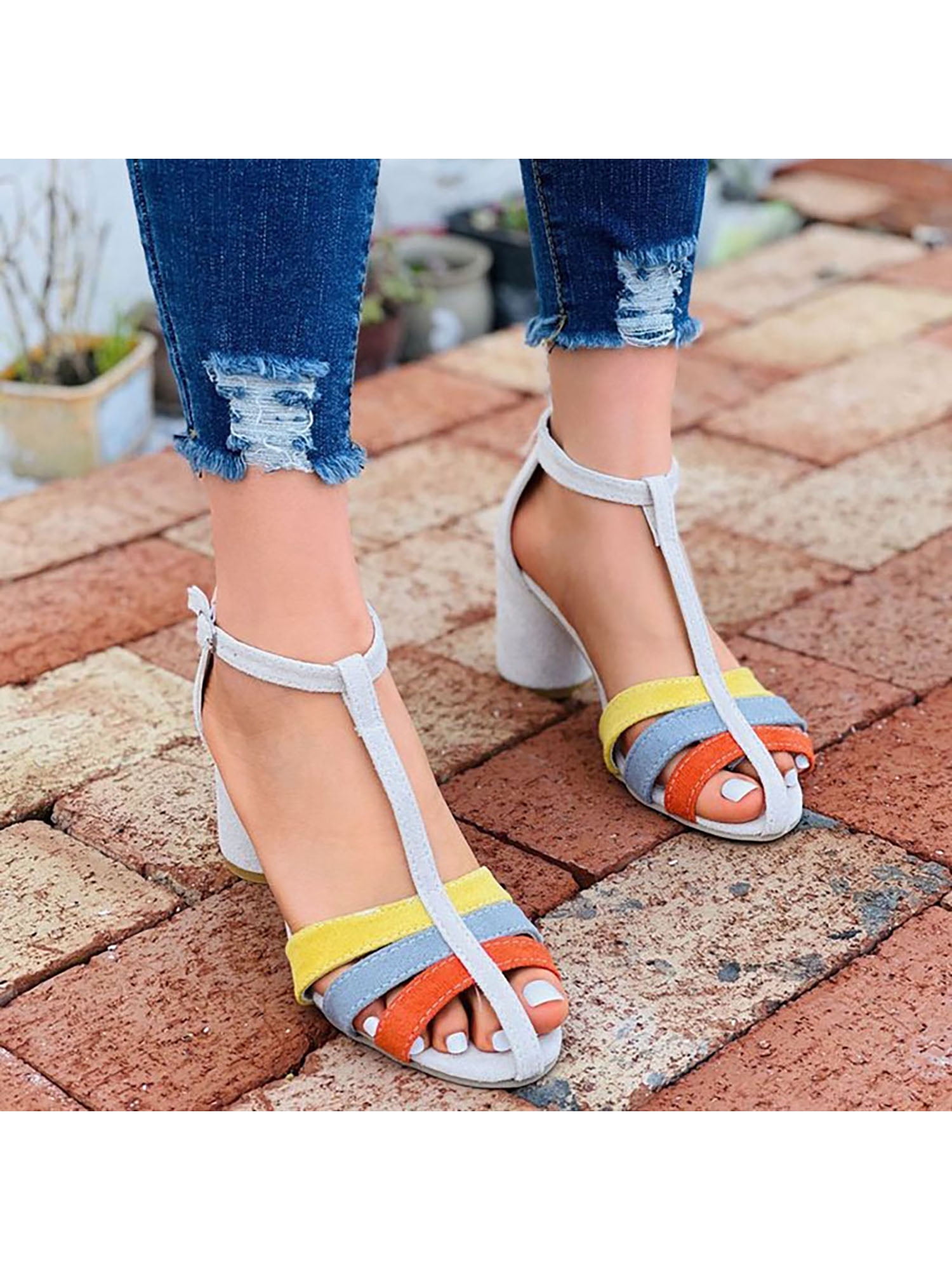 Details about   Women's High Heels Chunky Sandals Colorful Rope Shoes Lace Up Block Ankle Strap 