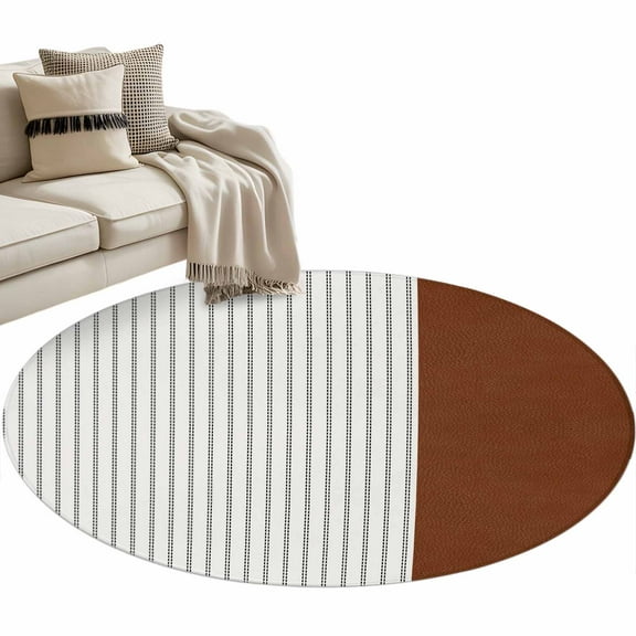 Boho Brown Leather Texture Round Area Rug 3 FT, Small Kitchen Bathroom Mat, Modern Black Striped Washable Indoor Outdoor Throw Runner Carpet Non-Shedding Doormat for Table Shower Sofa Entryway