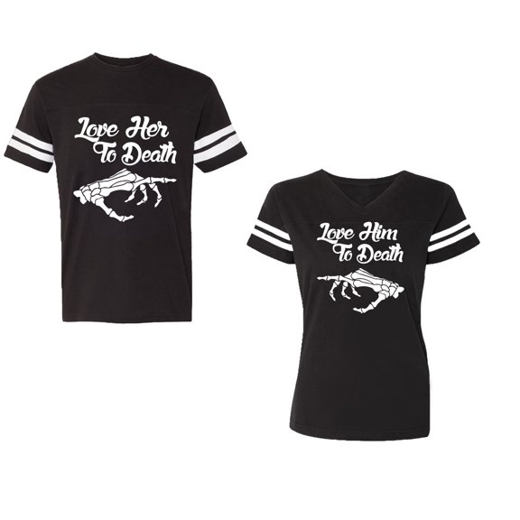 Love Her Him To Death Unisex Couple Matching Cotton Jersey style T-Shirt Contrasting stripes on sleeves (Men Black / Women Black) (Men S / Women S)