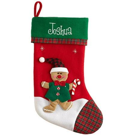 Personalized Festive Plaid Character Christmas Stocking, Gingerbread Man