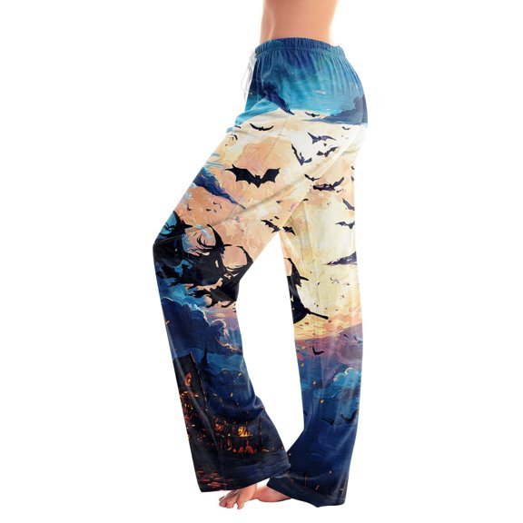Domzest Halloween Pajama Pants Women Halloween Graphic Wide Leg Pajama Bottoms Drawstring Elastic Waisted Cute Pj Bottoms Dark Blue XXL