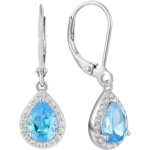 Divine Creation 1.50 Ct Pear Cut Aquamarine & Diamond Leverback Drop Dangle Earring's 14K White Gold Plated 925 Sterling Silver For Women's