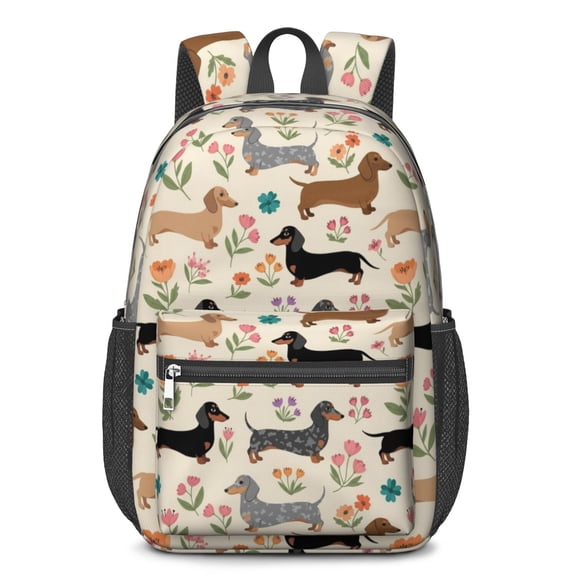 Dachshund and Floral Beige Pattern 17" School Backpacks for Teens,Waterproof Oxford Fabric,S-Shape Padded Straps for School,Travel,Hiking,Camping