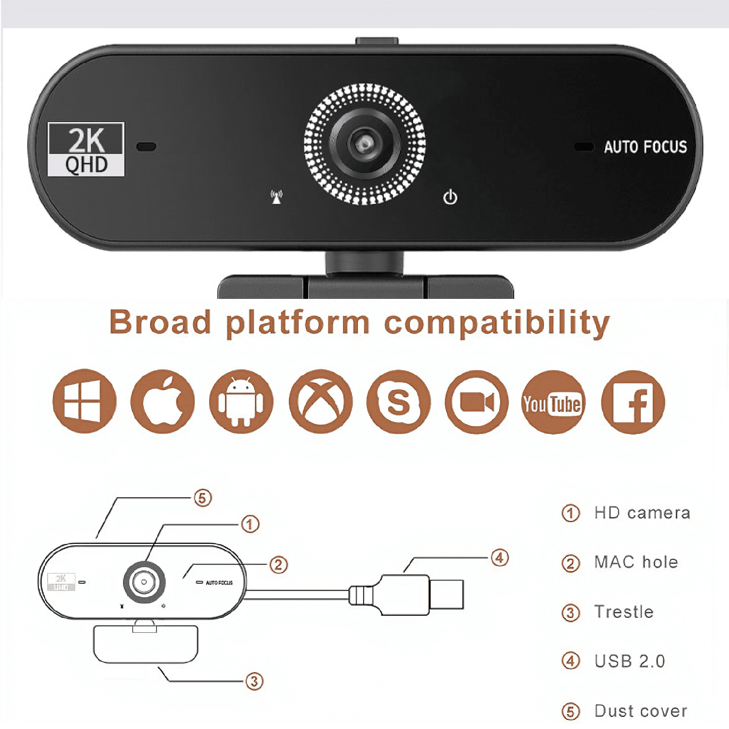 JETO 2K QHD USB Webcam with Autofocus & Privacy Cover, Built-in Mic, 360° Rotatable Clip, Plug and Play, PC/Mac/Laptop/Desktop Compatible