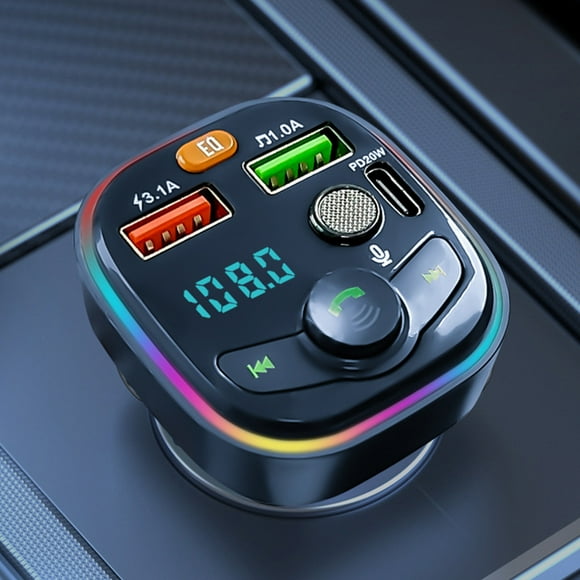 Rbaofujie Multi-Functional Car Charger/Bluetooth Music Player/FM Transmitter/Radio Adapter With Type-C PD Charge USB QC3.0 Charge and RGB Colorful Light