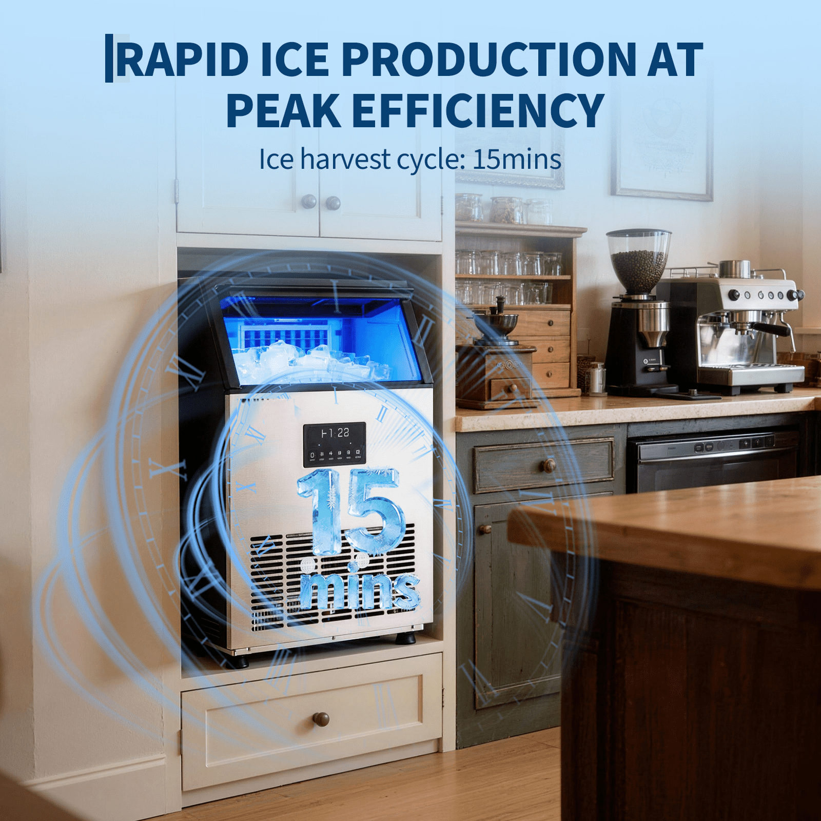 Commercial Ice Maker Machine 150 LBS/24H, Stainless Steel Under Counter Freestanding Ice Machine with 33 LBS Storage Bin, Dual Water Inlet,10-15 Mins Fast Ice, Self-Cleaning