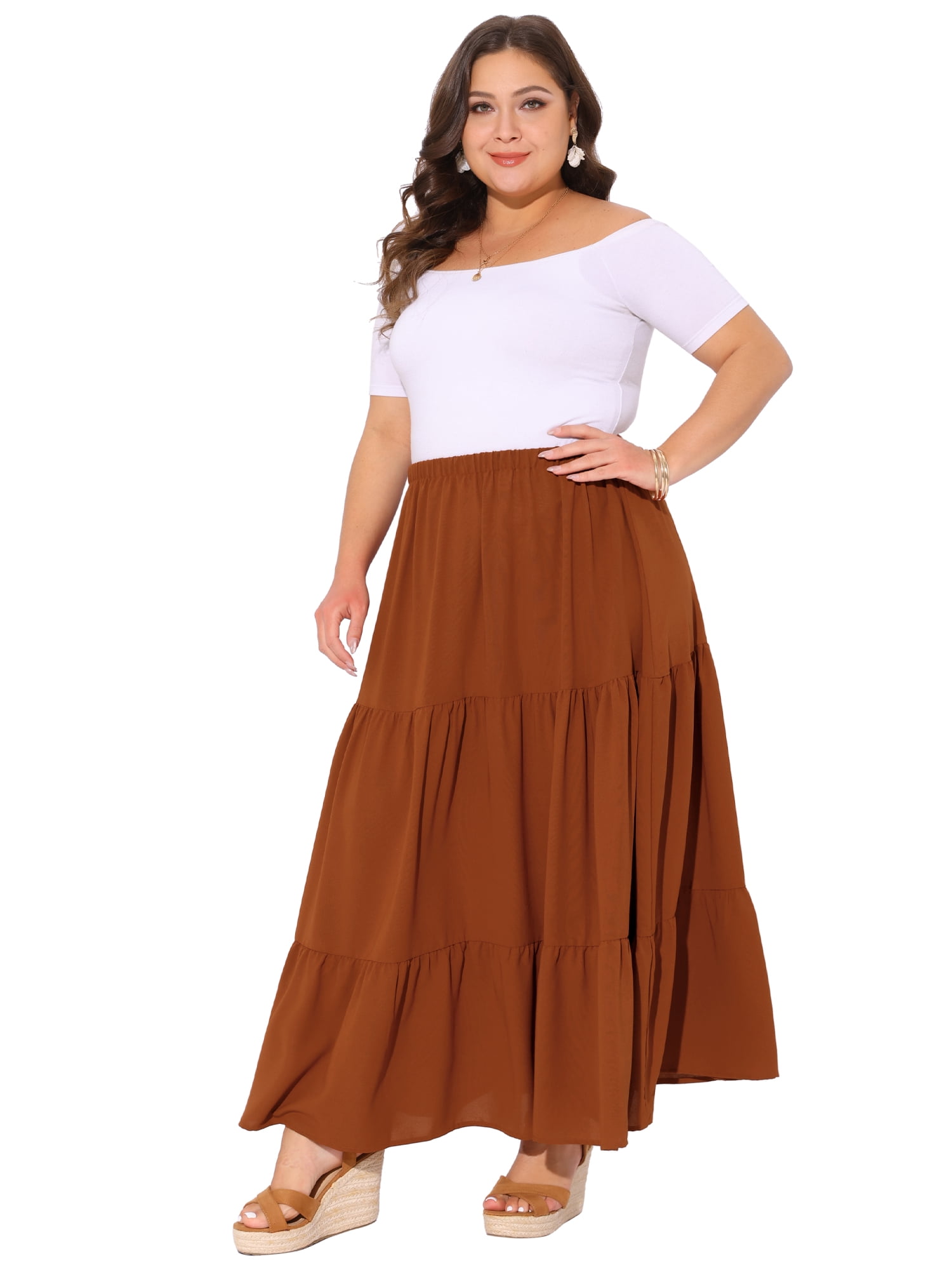 DARING DIVA Women's Plus Swing Maxi Elastic High Waist Boho Flowy Skirts 1X Caramel