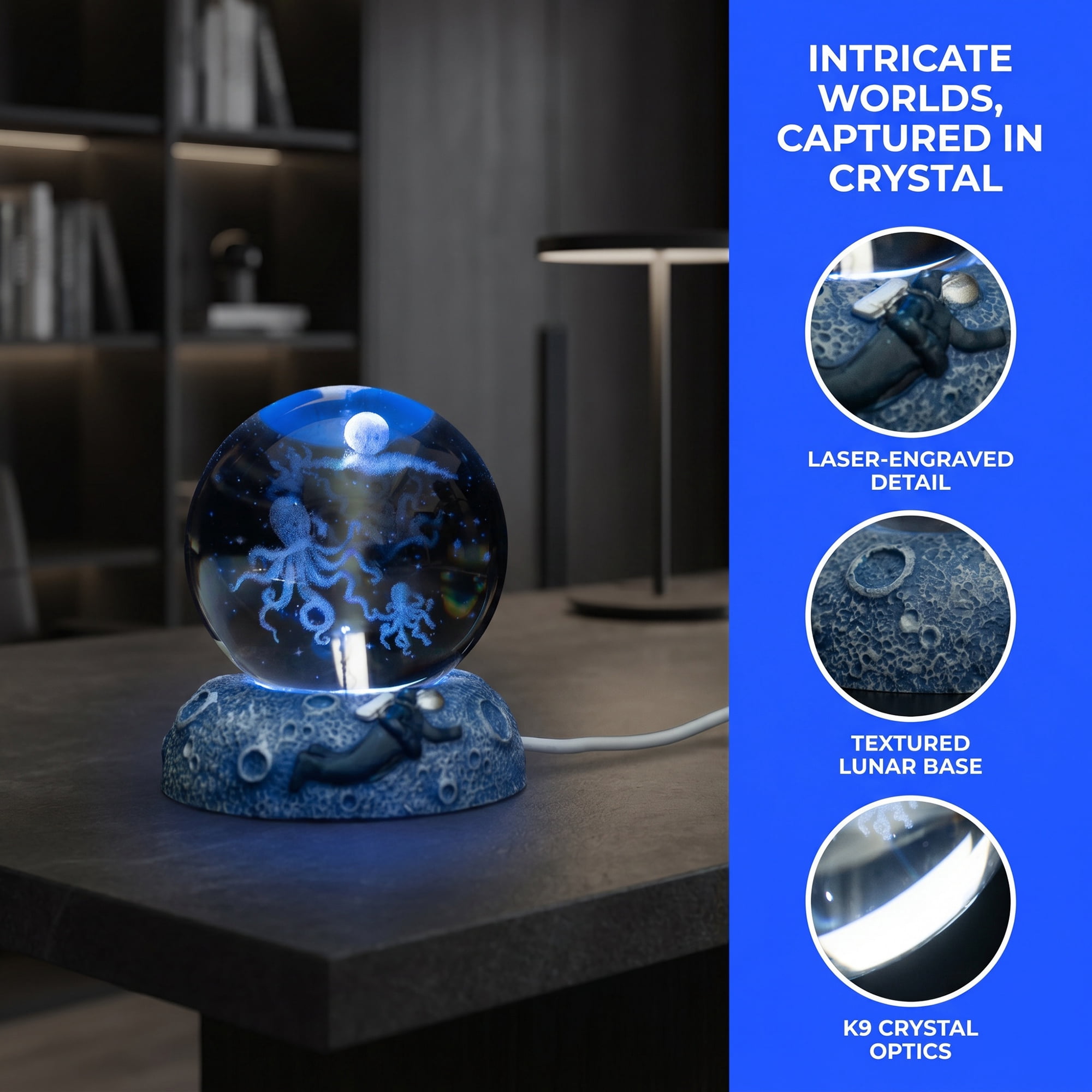 Unique Bargains Glowing Crystal Ball 3D Glass Ornament with LED Light Base Blue Style H