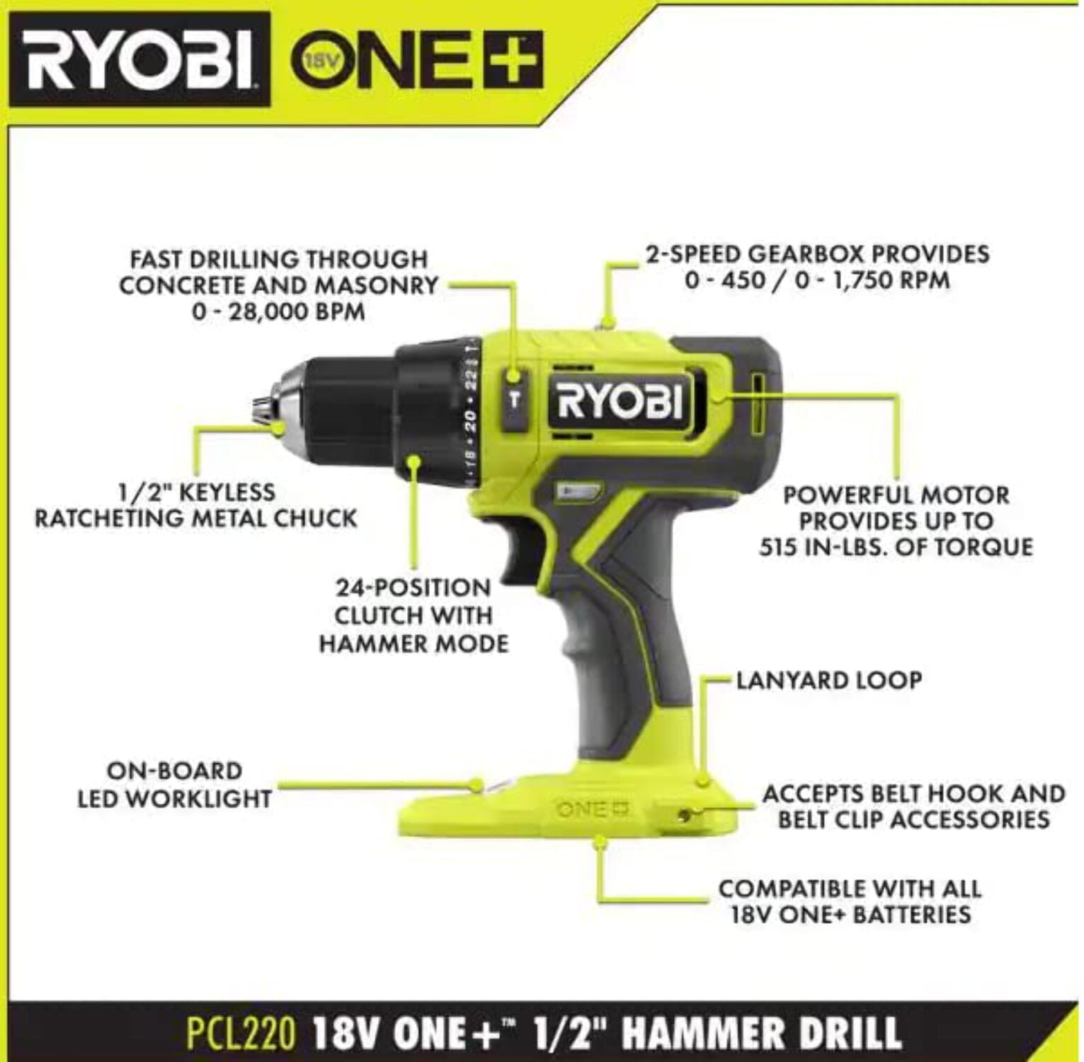 RYOBI ONE+ 18V Cordless 1/2 in. Hammer Drill (Tool Only)