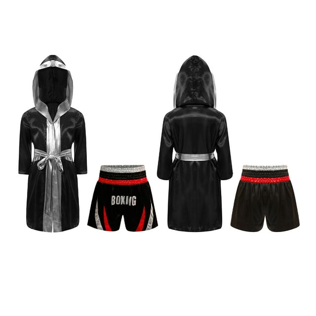 RUNQHUI Costume de Boxe pour Garçons Manches Longues Robe de Boxe et Shorts Muay Thai Ensemble 2 Pcs pour Arts Martiaux Rouge&Argent 14