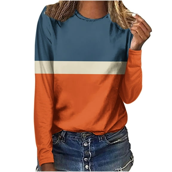 Holiday Usmixi Womens Pullover Winter Long Sleeve Tee Tops for Women Fashion Color Block Plus Size Loose Tshirts Fall Ladies Casual Lightweight Crewneck Sweatshirt Blouses Big Saving