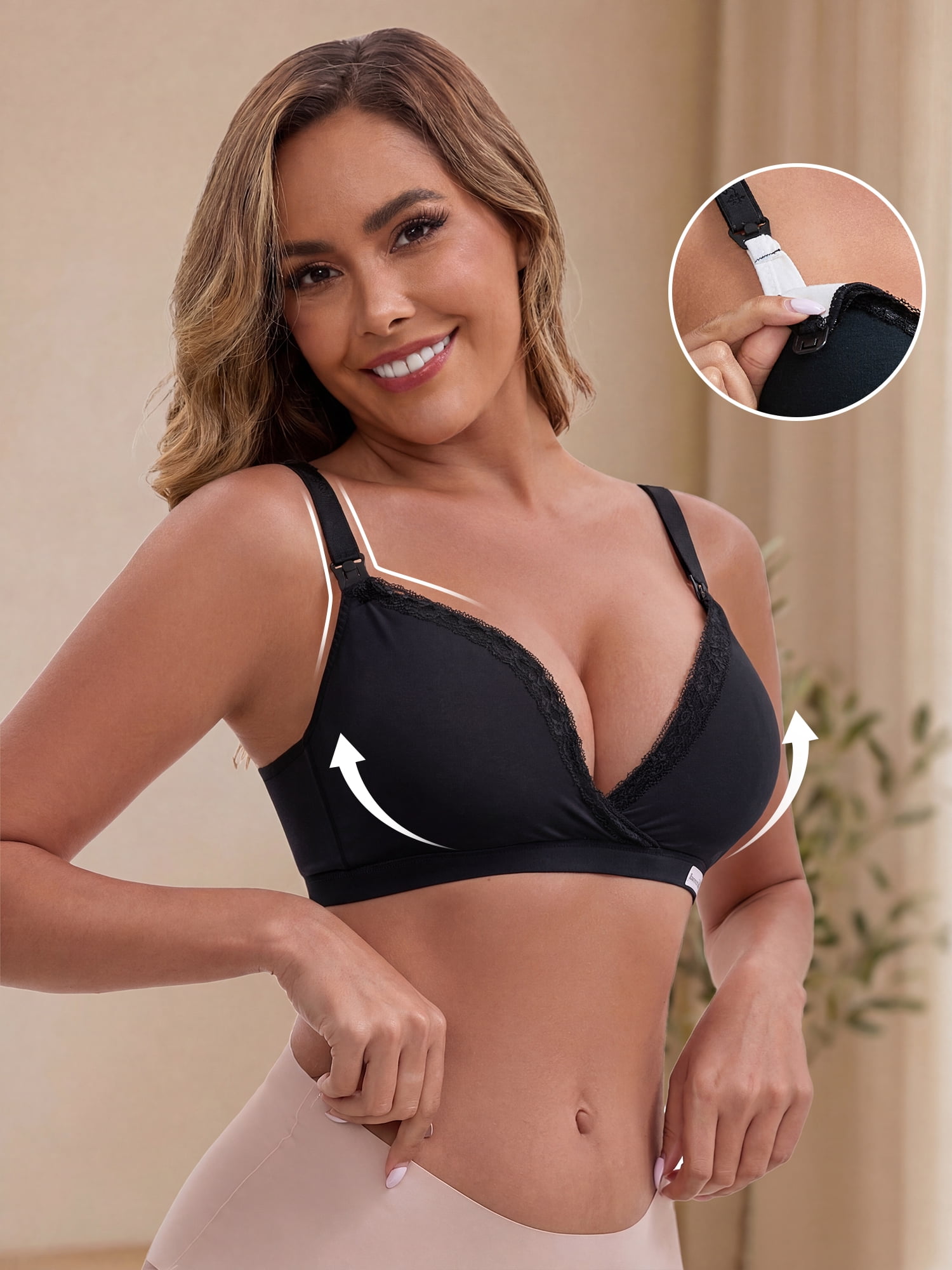 DARING DIVA Lace Trim Nursing Bra Deep V Crossover Adjustable Straps M Black