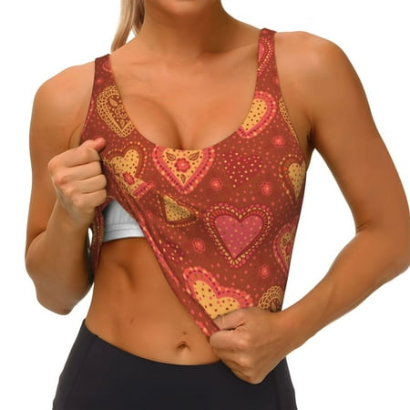Qokaie Flower Hearts Pattern Womens Scoop Neck Sports Bra Breathable Workout Vest Padded U Back Medium Impact Fitness Gym Yoga Bra Workout Crop Top