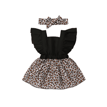 

Mikrdoo Infant Baby Girls Clothes Sleeveless Splice Leopard Print Summer Dress With Headband 2Pcs Outfits Black 18-24 Months