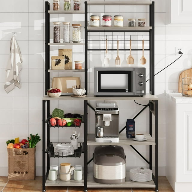 EDTara Microwave Stand, with Storage, with Power Output, 7-Tier Kitchen Bakers Racks, with Hook, Baker Rack for Kitchen, Dining Room, Bakery