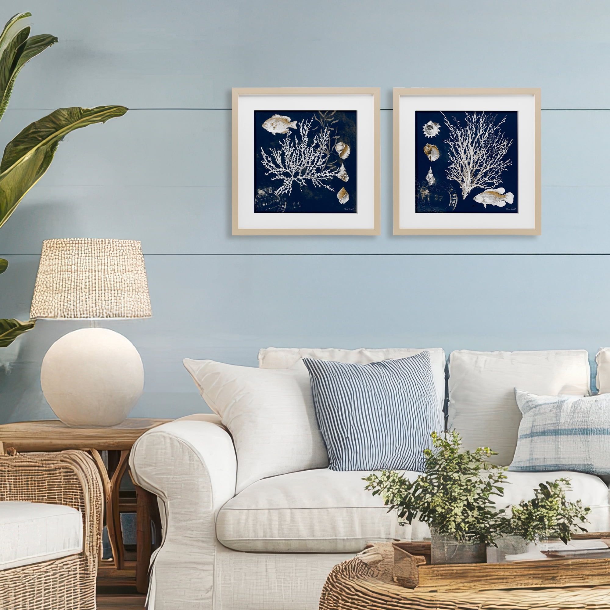 Stupell Industries Navy Coral Medley 2 Piece Birch Framed Print Under Glass Set, design by Lanie Loreth