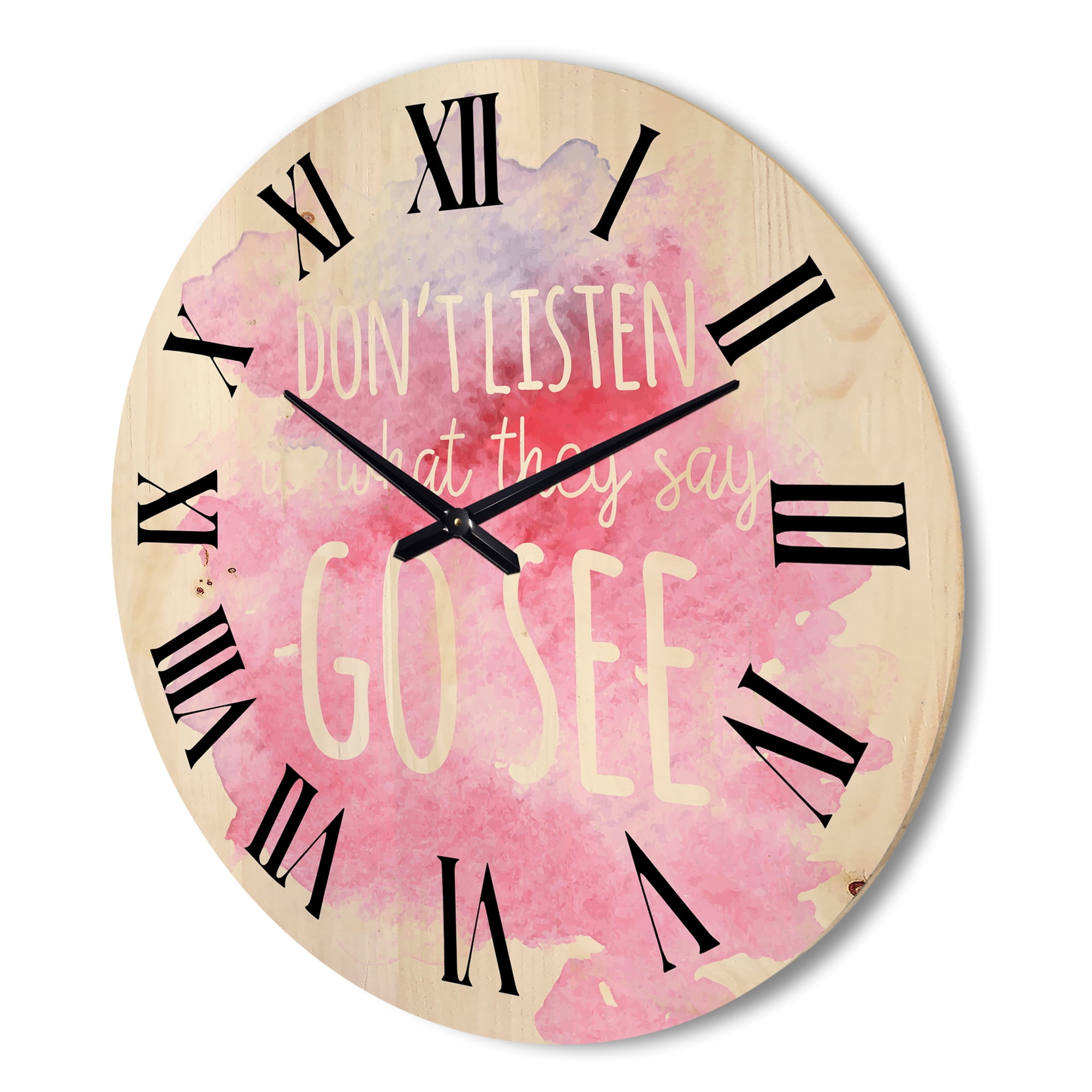 Designart 'Don't Listen To What They Say Go See On Pink Background' Traditional Wood Wall Clock