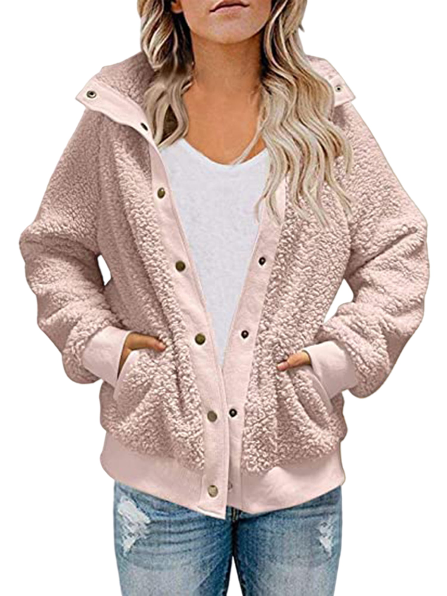S.Charma Fluffy Fuzzy Fleece Thick Coat Outwear with Pocket Women Long Sleeve Printed Hooded Jacket 