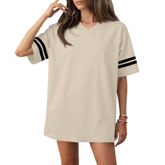 T-Shirts for Women V-Neck Baseball Oversized Short Sleeve Sporty Jersey Tops Loose Fit Side Split Tee with Striped Sleeves Khaki M