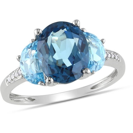 4-1/7 Carat T.G.W. Blue Topaz with Diamond-Accent Sterling Silver Three-Stone Ring