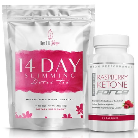 Raspberry Ketone Force and Her Fit Shape 14 Day Detox Tea Bundle -- Natural Weight Loss Supplement and Tea Cleanse to Lose Weight - Improve Energy - Reduce Belly Fat and Bloating (2 (Best 14 Day Cleanse For Weight Loss)