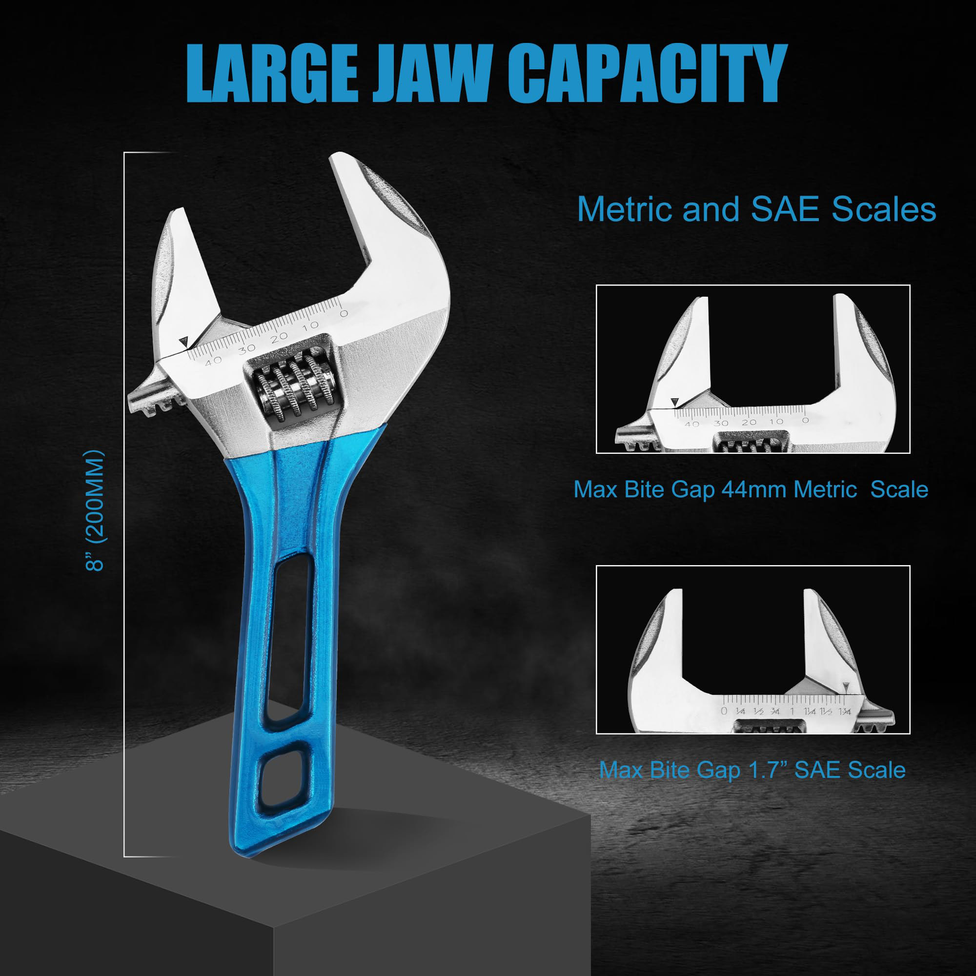 8 Inch Stubby Adjustable Wrench with 44 mm Wide Jaw Opening for Plumbing Automotive and Industry Tight Spaces Work