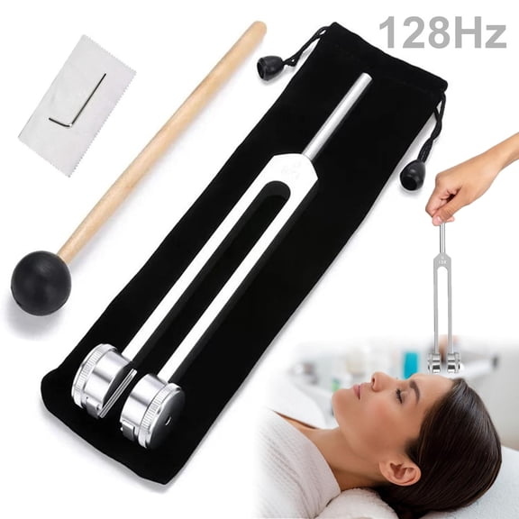 128Hz Weighted Tuning Fork for Sound Therapy Healing, Aluminum Frequency Tuning Fork Instrument with Silicone Hammer & Cleaning Cloth, Meditation Relaxation Energy Balancing Vibration Therapy