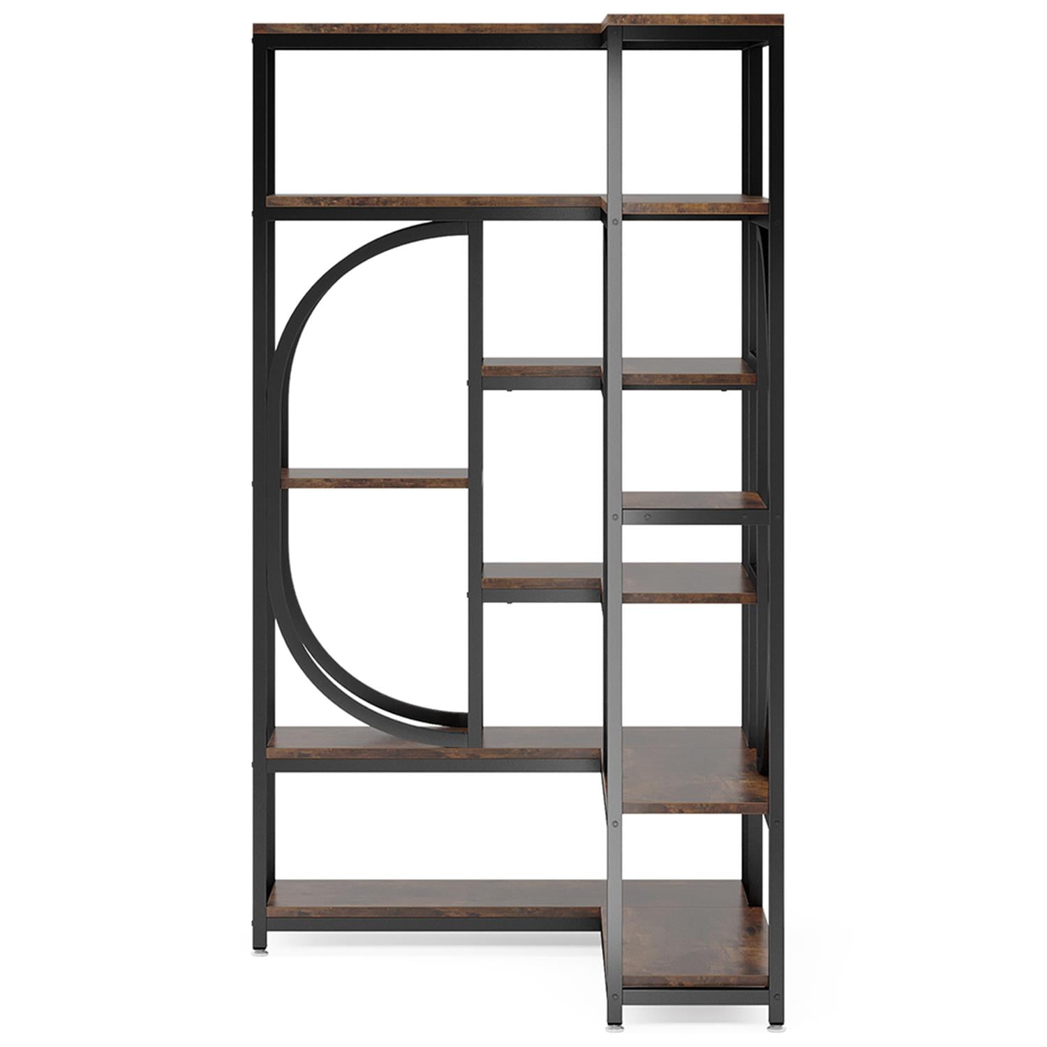 Demi Bonn 7 Tier Corner Bookshelf, Wood and Metal Bookcase Storage Organizer, L-Shaped Display Standing Shelf Unit for Bedroom, Living Room, Brown