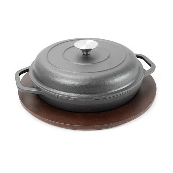 HAWOK Cast Iron Stock Pot with Lid and Wooden Base, Dia 9.8", 1.5QT, Shallow Casserole Braiser, 3-Piece, Black