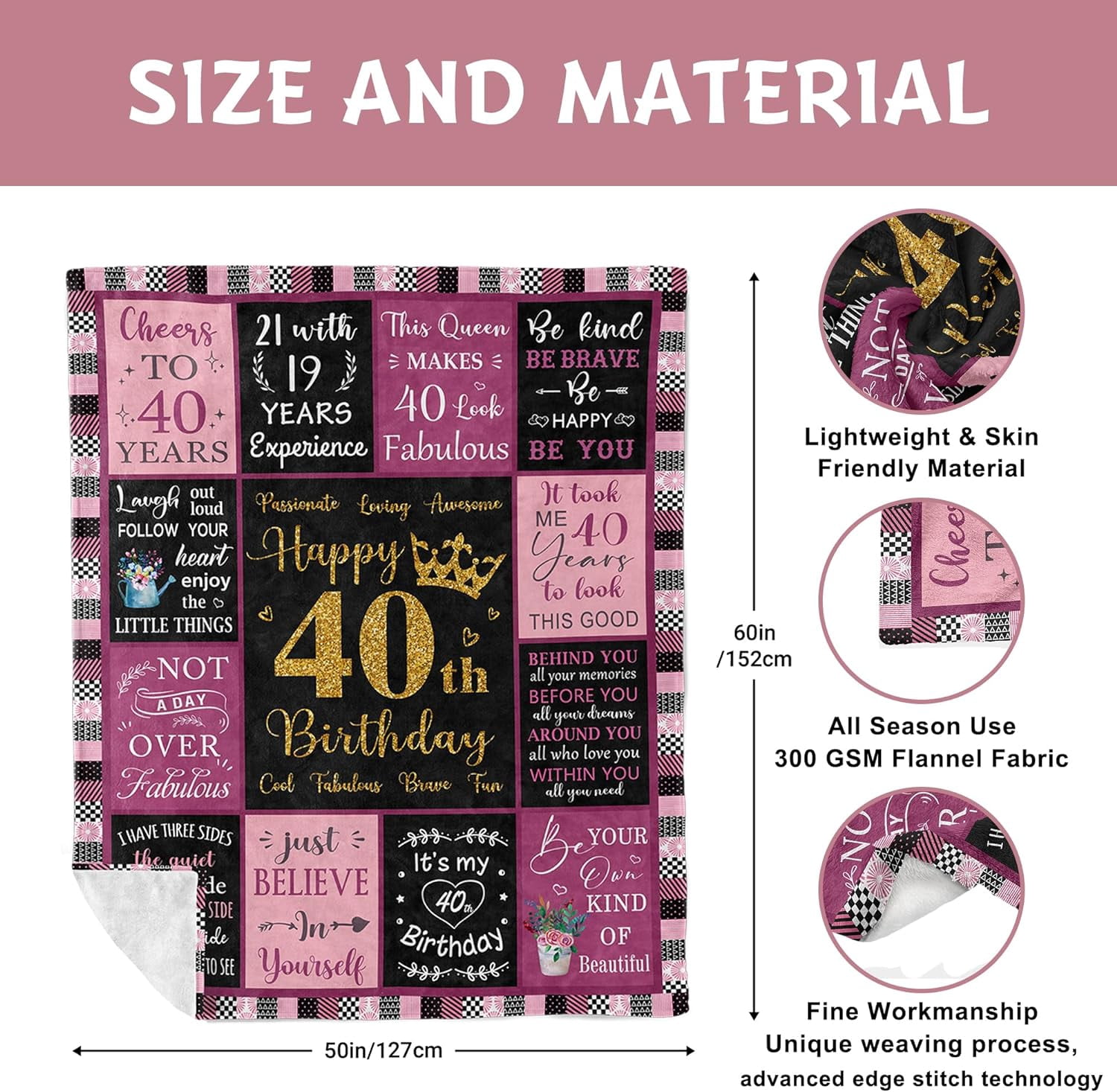 40th Birthday Gifts Women, 40 Year Old Birthday Gifts for Women, 40th Birthday Gift Ideas, 40th Birthday Gifts Women Unique, Gifts for 40th Birthday Woman, 40th Birthday Gifts Blanket 50"X60"