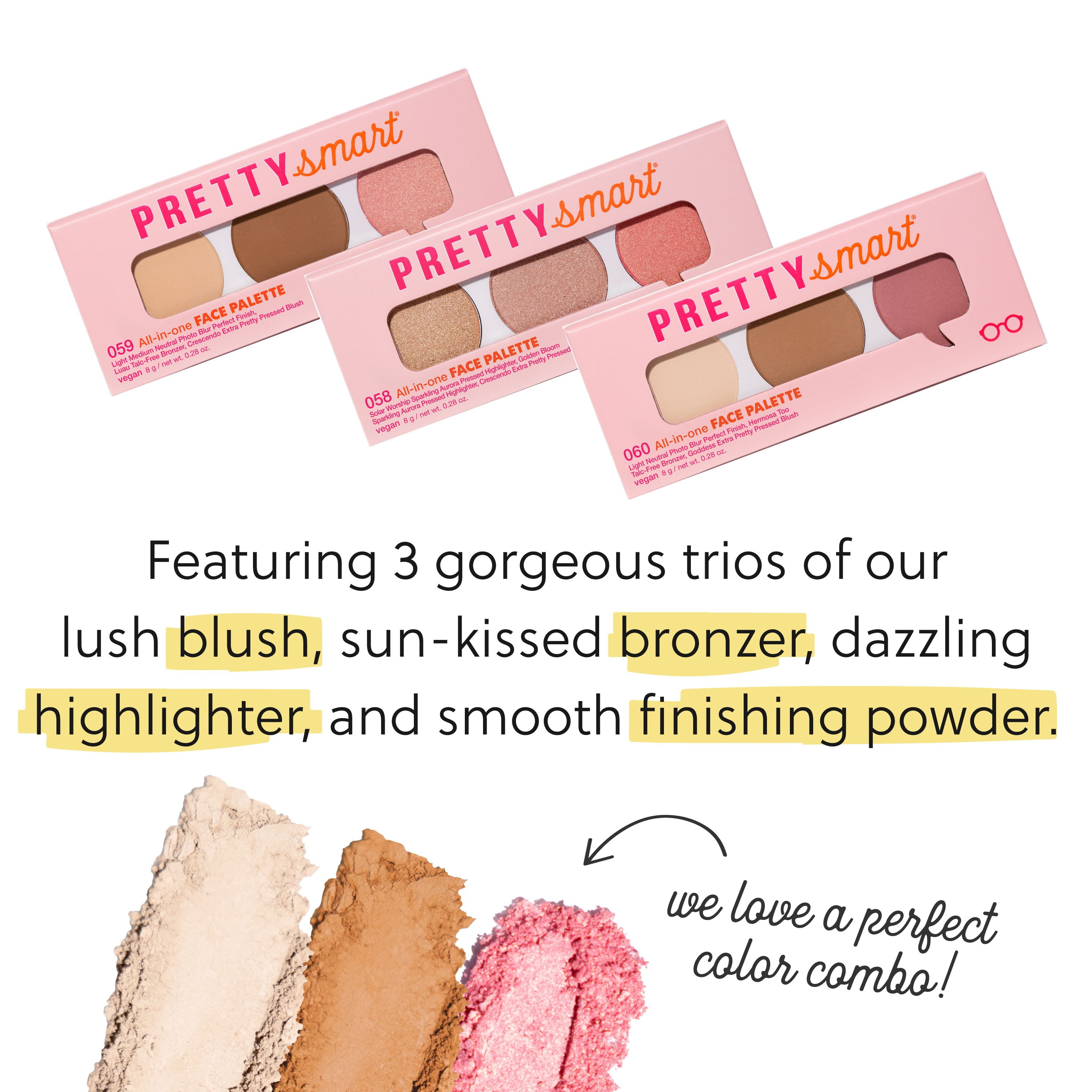Pretty Smart All-in-one Face Palette 059, Light Medium Neutral Photo Blur Perfect Finish, Luau Talc-Free Bronzer, Crescendo Extra Pretty Pressed Blush, 8g