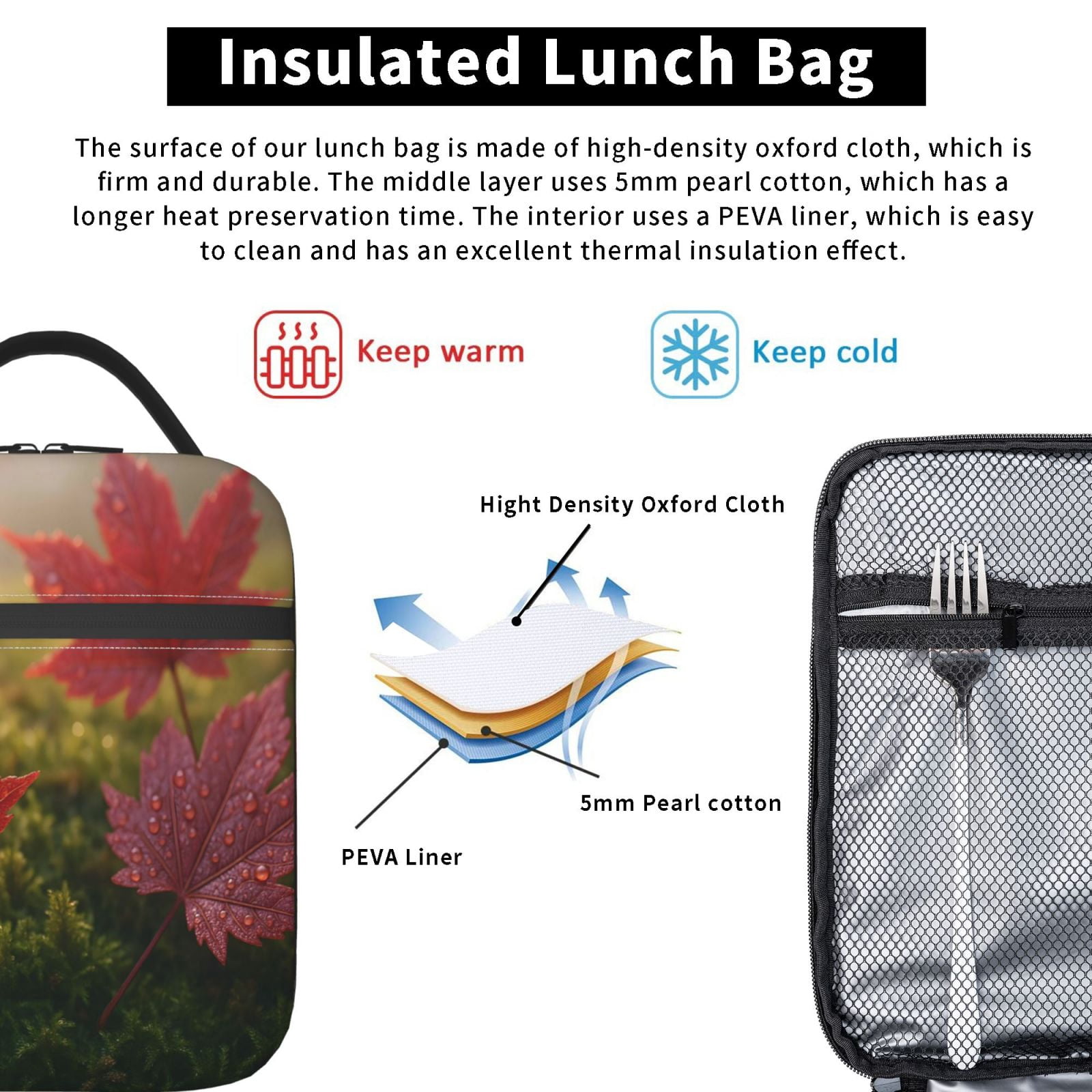 Lunch Bag For Women Men Insulated Portable Lunch Box Bento Box Office Picnic Travel Cooler Bag Autumn Leaves Closeup