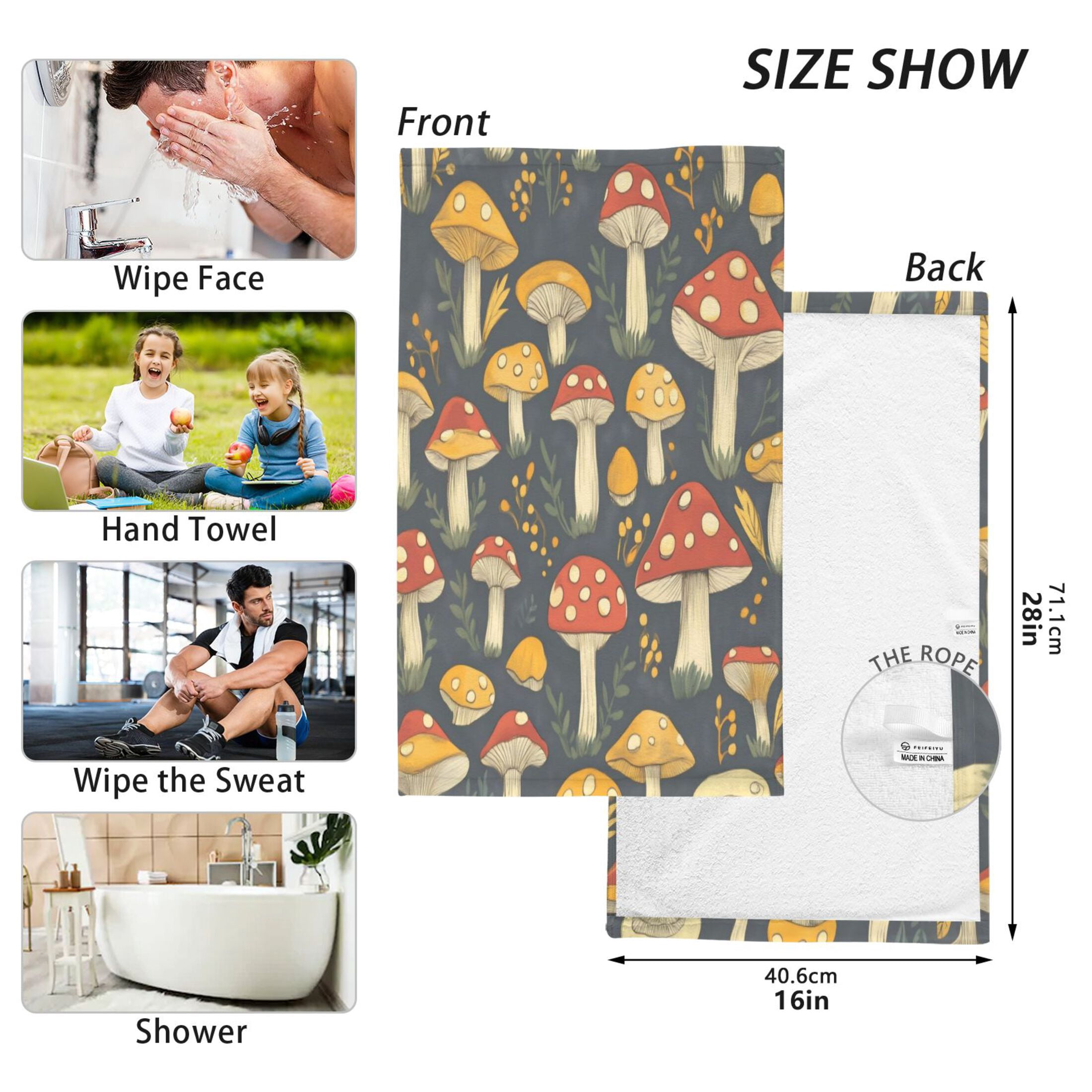 Cotton Towel Two-Piece 16x28 Inch One Sizex2 Face Towel Set Towel Set Cotton Hand Bath Towel Bathroom Beach Mushroom with Black Background