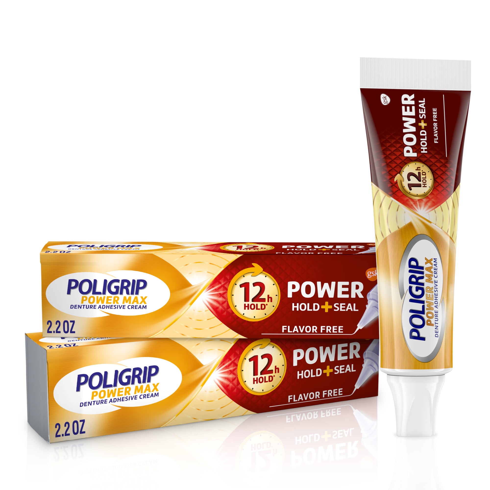 Poligrip Power Hold Plus Seal Denture Cream, Flavor Free - 2.2 Oz (2 Pk)